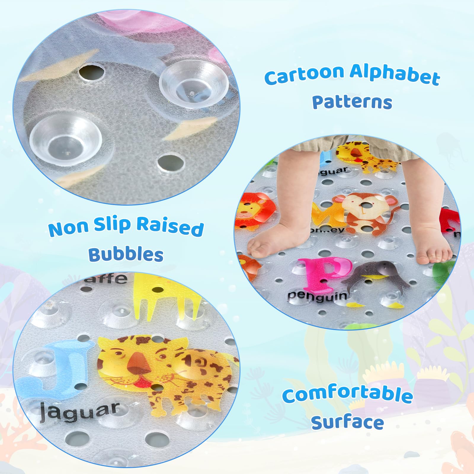 Baby Bath Mat For Tub For Kids, 40In X 16In Non Slip Cartoon Bath Tub Shower Mat Anti Slip With Drain Holes And Suction Cups Mac